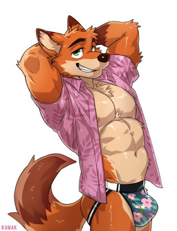 aloha_shirt anthro areola arm_tuft biped blush blush_lines brown_ear_tips brown_eyebrows brown_nose brown_tail bulge cheek_tuft chest_tuft clothed clothed_anthro clothed_male clothing collared_shirt dipstick_ears ear_markings elbow_tuft eyebrows facial_tuft fur glistening glistening_body glistening_eyes gloves_(marking) green_eyes hands_behind_head jockstrap looking_at_viewer male male_anthro markings multicolored_body multicolored_ears multicolored_fur multicolored_tail muscular muscular_anthro muscular_male navel nipples open_clothing open_shirt open_topwear orange_body orange_fur orange_tail pantsless pantsless_anthro pantsless_male pattern_clothing pattern_shirt pattern_topwear pecs pink_clothing pink_shirt pink_topwear print_clothing print_jockstrap print_underwear shirt simple_background smile solo tail tan_body tan_fur tan_inner_ear teeth text topwear tuft underwear white_background kumak71395 disney zootopia nick_wilde canid canine fox mammal red_fox true_fox 2025 absurd_res artist_name digital_media_(artwork) hi_res