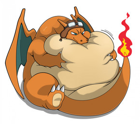 ambiguous_gender anthro belly belly_squish big_belly blue_eyes blush claws clothing fire flaming_tail headgear headgear_only headwear headwear_only huge_belly hugging_belly membrane_(anatomy) membranous_wings morbidly_obese morbidly_obese_ambiguous morbidly_obese_anthro mostly_nude motion_lines obese obese_ambiguous obese_anthro orange_body overweight overweight_ambiguous overweight_anthro simple_background smile solo squish tail white_background wings maddybakery nintendo pokemon charizard generation_1_pokemon pokemon_(species) 2025 hi_res