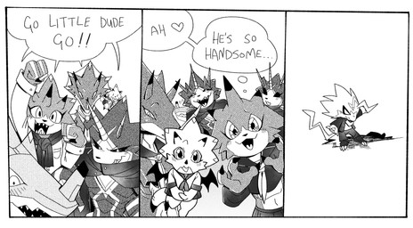 anthro blush cheering claws clothing dialogue evolutionary_family female grin group heart_symbol horn humor male school_uniform smile text uniform carnesofrita bandai_namco digimon betelgammamon digimon_(species) gammamon gulusgammamon kausgammamon pulsemon scalie wezengammamon comic english_text hi_res monochrome