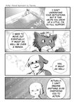 2020 4koma aniapt_(manga) anthro black_nose blush bodily_fluids canid canine canis cheek_tuft chien closed_smile clothed clothing comic dialogue digital_media_(artwork) domestic_dog duo english_text facial_tuft fluffy fluffy_tail four_frame_image furniture greyscale hair happy hi_res holding_object hoodie inner_ear_fluff inside male mammal mephitid messy_hair monochrome mouth_closed multicolored_body necktie open_mouth open_smile reflection screentone simple_background sitting skunk smile speech_bubble sweat sweatdrop table tail tapirclip text text_box topwear tuft two_tone_body window
