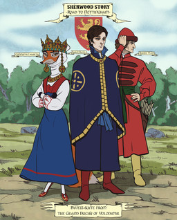 anthro arrow_(weapon) blue_clothing blue_dress blue_sash boots clearing clothing crossed_arms day dress female field footwear grass green_sash group hat headdress headgear headwear insignia male narrowed_eyes nobleman noblewoman outside plant quiver_(object) ranged_weapon rock sash shoes tail tree trio weapon yellow_eyes sir_paulus lisabeth_(lord_paulus) pavel_(sir_paulus) canid canine canis fox human mammal cover cover_art cover_page hi_res