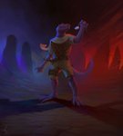 4_toes 5_fingers blue_glow bottomwear claws clothing dark feet fingers green_clothing lizard_tail male medallion orange_eyes outside protruding_teeth purple_body purple_scales red_glow rock scales shorts solo toe_claws toes unobtrusive_watermark amarian draselth kobold scalie hi_res