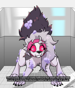 3_toes 4_fingers all_fours anthro arm_tuft bathtub black_nose caption confusion convenient_censorship elbow_tuft eyebrow_piercing eyebrows eyelashes eyeshadow facial_piercing feet female fingers fur grey_hair hair happy_hoodie makeup messy_hair nude nude_female piercing pink_eyes shoulder_tuft solo style_emulation suds tail teeth text toes tuft white_body white_fur half_dime hellaverse helluva_boss mythology loona_(helluva_boss) canid canid_demon canine canis demon domestic_dog hellhound husky mammal mythological_canine mythological_creature nordic_sled_dog spitz wolf absurd_res english_text hi_res