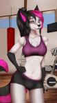 anthro black_body black_bottomwear black_clothing black_fur black_hair black_nose black_tail blue_sky bottomwear bra breasts chest_tuft clothed clothing countershading day detailed_background eyelashes female front_view fully_clothed fur gloves_(marking) grey_body grey_fur gym hair half-closed_eyes hand_on_hip inside long_hair looking_at_viewer markings midriff multicolored_body multicolored_fur multicolored_hair narrowed_eyes navel open_mouth open_smile pink_eyes pink_hair pink_tail ponytail pose punching_bag purple_clothing purple_topwear shorts skimpy sky smile solo sports_bra standing tail teeth tongue topwear tuft two_tone_hair two_tone_tail underwear white_body white_fur window goober. jes_(kojotek) canid canine canis coyote domestic_dog husky hybrid mammal nordic_sled_dog spitz 2016 digital_media_(artwork) hi_res portrait shaded three-quarter_portrait