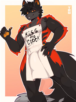 anthro apron apron_only biped bulge claws clothed clothed_anthro clothed_male clothing fingers fur hair male solo tail teeth thericegoat canid canine mammal 2026 digital_drawing_(artwork) digital_media_(artwork) hi_res