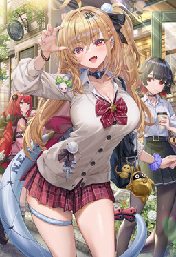 5_fingers big_breasts blonde_hair blush bottomwear breasts clothed clothed_female clothed_humanoid clothing collared_shirt detailed_background dress_shirt fangs female feral fingers fully_clothed fully_clothed_female fully_clothed_humanoid group hair light_body light_skin outside ponytail red_bottomwear red_clothing red_eyes red_skirt shirt side_ponytail skirt tail teeth topwear white_clothing white_shirt white_topwear torinoaqua mihoyo zenless_zone_zero chalky_(zenless_zone_zero) cissia_(zenless_zone_zero) ellen_joe ukinami_yuzuha animal_humanoid aquatic aquatic_humanoid fish fish_humanoid human humanoid mammal reptile reptile_humanoid scalie scalie_humanoid shark_humanoid snake snake_humanoid hi_res
