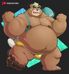 anthro belly big_belly bodily_fluids brown_body bulge clothing humanoid_hands male moobs navel nipples obese obese_male overweight overweight_male solo sweat text underwear stompsyeen lifewonders tokyo_afterschool_summoners ashigara_(tas) bear mammal 2022 hi_res url