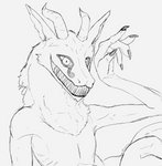 ambiguous_gender anthro black_lips fur horn lips looking_at_viewer nails sharp_teeth smile smiling_at_viewer solo teeth yamabat monster synx black_and_white hi_res monochrome sketch