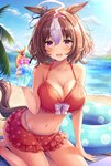 ahoge beach beverage big_breasts bikini breasts brown_hair clothing female hair highlights_(coloring) holding_beverage holding_object inflatable inner_tube kneeling purple_eyes seaside sky solo spiral_eyes swimwear two-piece_swimsuit wet akasiosio cygames uma_musume_pretty_derby meisho_doto_(pretty_derby) animal_humanoid equid equid_humanoid equine equine_humanoid horse_humanoid humanoid mammal mammal_humanoid 2023 hi_res