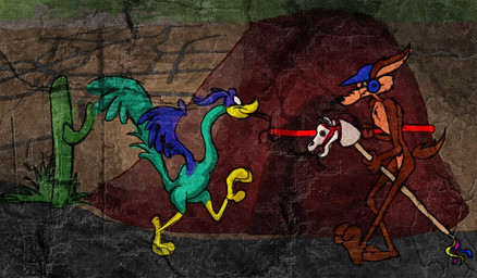 3_toes 4_fingers abstract_background anthro arm_tuft armor athletic athletic_anthro athletic_male back_tuft battle beak belly biped black_eyes black_nose blowing_raspberries blue_body blue_feathers blue_helmet boulder brown_body brown_fur cactus calf_tuft canyon casual_nudity chest_tuft desert duel duo dynamite ears_back elbow_tuft explosives eyebrows faceoff feathered_wings feathers feet fingers fur head_feathers headgear headgear_only helmet helmet_only hobby_horse holding_dynamite humanoid_hands humanoid_heel knee_tuft knight leg_tuft male multicolored_body multicolored_feathers multicolored_fur nude outside paws pecs pivoted_ears plant plantigrade purple_body purple_feathers raised_heel raised_tail raised_wings rock shoulder_tuft shrub side_view sketchy skinny soles spread_wings tail tail_feathers tan_belly tan_body tan_eyebrows tan_fur tiptoes tnt toes tongue tongue_out tuft two_tone_body two_tone_feathers two_tone_fur warrior wearing_helmet white_sclera wings yellow_beak yellow_legs stevethedragon looney_tunes warner_brothers road_runner_(looney_tunes) wile_e._coyote avian bird canid canine canis coyote cuculiform greater_roadrunner mammal new_world_ground_cuckoo roadrunner 2010 colored digital_drawing_(artwork) digital_media_(artwork) digital_painting_(artwork) painting_(artwork) shaded sketch