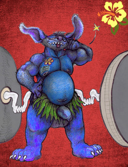 4_toes anthro balls blue_balls blue_body blue_fur blue_nose bodily_fluids claws dripping exercise feet flower foreskin fur genital_fluids genitals grass_skirt hibiscus leaking_precum looking_at_viewer male muscular notched_ear penis plant precum precum_drip red_background sharp_teeth simple_background slightly_chubby solo teeth teeth_showing toe_claws toes tongue tongue_out vein veiny_penis weightlifting workout yagi_b._(artist) disney lilo_and_stitch stitch_(lilo_and_stitch) alien experiment_(lilo_and_stitch) hi_res
