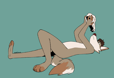 3_toes 4_fingers anthro bone brown_hair claws dipstick_tail feet fingers fur grey_body grey_fur hair half-closed_eyes lying male male_anthro markings multicolored_body multicolored_fur narrowed_eyes neutral_expression nude_anthro nude_male on_back on_ground simple_background skull solo tail tail_markings thinking tired_eyes toes two_tone_body two_tone_fur nardodraws leo_(nardodraws) canid canine canis mammal wolf hi_res signature