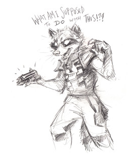 anthro bottomwear claws clothed clothing dialogue fangs finger_claws fully_clothed fur gun holding_gun holding_object holding_ranged_weapon holding_weapon interrobang male open_mouth pants ranged_weapon simple_background solo standing teeth text weapon white_background kenket guardians_of_the_galaxy marvel rocket_raccoon mammal procyonid raccoon absurd_res english_text hi_res monochrome sketch