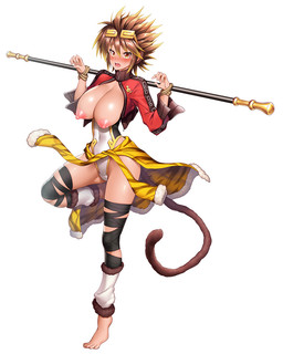 animal_print areola bdsm big_breasts blush bodily_fluids bound breasts brown_hair brown_tail cleavage_cutout clothed clothing coat cutout feet female hair hands_tied light_body light_skin long_tail looking_at_viewer melee_weapon nipples open_mouth pink_areola pink_nipples pink_tongue red_clothing red_coat red_topwear simple_background solo staff sweat tail teeth tiger_print toes tongue topwear weapon white_background yellow_eyes asahi taimanin_(series) sun_wuyan animal_humanoid haplorhine humanoid mammal mammal_humanoid monkey monkey_humanoid primate primate_humanoid digital_media_(artwork) full-length_portrait hi_res portrait shaded