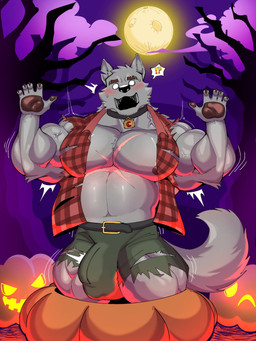 anthro balls biceps big_balls big_penis bottomwear bulge clothing collar eyebrows forearm_muscles full_moon genitals growth hyper interrobang jack-o'-lantern male male/male moon muscle_growth muscular navel pecs penis scar shorts solo tail kurokawashinichi_(artist) mythology canid canine humanoid mammal mythological_canine mythological_creature werecanid werecanine werecreature werewolf 3:4 hi_res