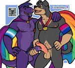 accessory anthro armband balls belly bisexual_pride_colors black_body black_fur blue_background blue_body blue_feathers blush blush_lines bodily_fluids cape clothing dripping duo feathers foreskin fur genital_fluids genitals glans hand_on_hip hand_on_shoulder handjob lgbt_pride licking licking_nose lock looking_at_another male male/male mostly_nude multicolored_armband multicolored_cape multicolored_clothing nervous nervous_smile nipples padlock pecs penile penis pink_glans pink_nipples pink_penis precum precum_drip precum_on_penis precum_string pride_color_accessory pride_color_armband pride_color_cape pride_color_clothing pride_color_flag pride_colors pseudo_hair purple_balls purple_body purple_glans purple_nipples purple_penis purple_scales rainbow_pride_colors scales sex simple_background six-stripe_rainbow_pride_colors slightly_chubby tan_balls tongue tongue_out vein veiny_penis vincian_pride_colors waving_tail white_background yellow_eyes cerdeorhys jko_2 canid canine canis dinosaur domestic_dog mammal mastiff molosser prehistoric_species reptile rottweiler scalie theropod tyrannosaurid tyrannosauroid tyrannosaurus tyrannosaurus_rex aliasing artist_collaboration digital_media_(artwork) hi_res