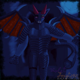 armor blue_lighting cave crystal fangs grey_body horn male pecs pupils purple_sclera red_wings slit_pupils solo spikes spikes_(anatomy) spread_wings standing tail teeth teeth_showing wing_spikes wings violet_foxytosin mythology axzarah_the_voidwing_(violet_foxytosin) dragon mythological_creature mythological_scalie scalie 1:1 2025 absurd_res dated digital_media_(artwork) hi_res krita_(artwork) signature