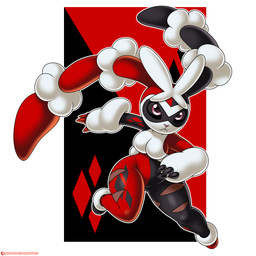 action_pose anthro black_background black_bodysuit black_clothing black_sclera black_skinsuit bodysuit breasts brown_body brown_fur clothing female front_view fur medium_breasts pink_eyes pink_nose pose red_background red_bodysuit red_clothing red_skinsuit simple_background skinsuit solo thick_thighs tight_clothing torn_bodysuit white_background wide_hips omegasunburst batman_(series) dc_comics nintendo pokemon harley_quinn generation_6_pokemon mega_evolution mega_lopunny pokemon_(species) 2025 absurd_res hi_res