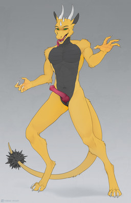 animal_genitalia anthro claws erection featureless_chest genital_slit genitals gradient_background green_eyes grey_background grey_body horn knot knotted_penis male nude_anthro nude_male penis simple_background solo standing toe_claws tongue tongue_out yellow_body sobakasatany mythology dragon mythological_creature mythological_scalie scalie hi_res