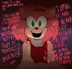 anthro breasts creepy fangs female first_person_view fur green_eyes humiliation insane looking_at_viewer penis_humiliation pink_body pink_fur small_breasts small_penis_appreciation small_penis_humiliation solo teeth text yandere ghostspookygoo sega sonic_the_hedgehog_(series) amy_rose eulipotyphlan hedgehog mammal 2024 english_text hi_res