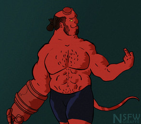 abs beard belly_hair body_hair chest_hair clothed clothing facial_hair gesture hand_gesture male male_humanoid middle_finger muscular muscular_humanoid muscular_male not_furry red_body red_skin solo tail topless topless_humanoid topless_male yellow_eyes conditional_dnp nsfwgiraffe hellboy_(series) hellboy_(character) humanoid absurd_res adversarial_noise hi_res