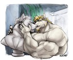 5_fingers anthro barazoku beard biceps big_muscles big_pecs black_nose blonde_beard blonde_eyebrows blonde_facial_hair blonde_hair border bust_statue claws deltoids detailed_background door doorway eyebrows eyes_closed facial_hair fangs finger_claws fingers fur hair huge_muscles humanoid_hands hyper hyper_muscles inside kissing male male_anthro manly monotone_body monotone_fur muscular muscular_anthro muscular_male narcissism nude nude_anthro nude_male pecs plant sculpture short_tail side_view solo statue tail teeth trapezius triceps whisker_spots white_body white_border white_fur oldshep jared_kuznetsov canid canine canis mammal wolf digital_media_(artwork) shaded signature