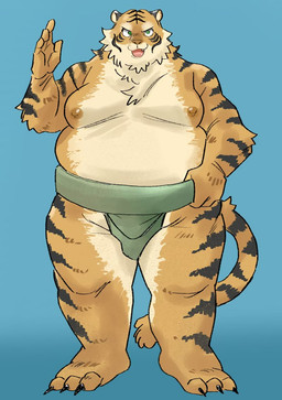 anthro asian_clothing belly claws clothed clothing east_asian_clothing fangs fur japanese_clothing kemono male mawashi moobs nipples orange_body orange_fur overweight overweight_anthro overweight_male simple_background solo sumo teeth topless underwear underwear_only yellow_body yellow_fur batsuyo felid mammal pantherine tiger