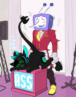 all_fours ankle_grab antenna_wire anthro ass_up backstage blush blush_lines bodily_fluids bottomwear bottomwear_down claws clothed clothing cord_tail curtains duo electronics for_a_head from_behind_position gloves grabbing_from_behind handwear heart_eyes heart_symbol leg_grab male male/male motion_lines necktie on_surface pants pants_down partially_clothed podium pointy_nose raised_tail screen screen_face selfship sex speaker standing_doggystyle suit suit_jacket sweat tail television yumeship fatigue_(artist) deltarune undertale_(series) malware_(wickedwhiskerz) tenna_(deltarune) furry_robot humanoid object_head screen_head tv_head unknown_species hi_res