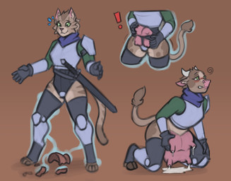 anthro armor bodily_fluids brown_background clothing cursed_object female green_eyes growth hooves horn horn_growth lactating milk pauldron simple_background solo species_transformation standing tail teat_growth teats torn_clothing transformation udder_growth udder_lactation udders alphax10 paizo pathfinder bovid bovine catfolk cattle felid feline mammal 2025 digital_media_(artwork)