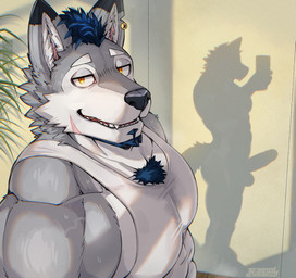 abs amber_eyes anthro balls barazoku biceps big_balls big_penis bodily_fluids body_hair clothing ear_piercing ear_ring electronics fur genitals grey_body grey_fur humanoid_genitalia humanoid_penis looking_at_viewer male muscular muscular_anthro muscular_male pecs penis phone piercing ring_piercing silhouette silhouetted_penis simple_background solo sweat topwear bk-mita dachrom canid canine canis mammal wolf hi_res