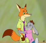 anthro duo eyes_closed female green_background hug male simple_background unclescooter disney zootopia judy_hopps nick_wilde canid canine fox lagomorph leporid mammal rabbit red_fox true_fox 2016 hi_res