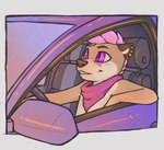 anthro car driving hair kerchief looking_away male piercing pink_eyes pink_hair sitting smile solo vehicle armus_(artist) skarrfox mammal mustelid otter hi_res