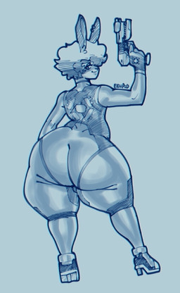 anthro backsack balls big_butt bottom_heavy butt butt_focus clothed clothing cosplay crossdressing femboy footwear genitals gun hair hair_over_eye high_heels holding_gun holding_object holding_ranged_weapon holding_weapon huge_butt huge_hips huge_thighs lidded_eyes looking_at_own_butt male ranged_weapon shoes simple_background skinsuit smile solo thick_thighs tight_clothing weapon wide_hips zero_suit eldiipiid metroid nintendo harry_gray_(eldiipiid) lagomorph leporid mammal rabbit 2025 chromatic_aberration full-length_portrait hi_res monochrome portrait