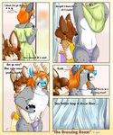 anthro blush brown_body brown_fur brown_hair bulge dialogue duo erection femboy fitting_room fur grey_body grey_fur hair male male/male orange_hair public scut_tail short_tail sneaky surprise tail text possumgod charlie_(deercorg) wendy_the_deer canid canine canis deer domestic_dog herding_dog hybrid mammal pastoral_dog welsh_corgi 5:6 absurd_res comic english_text hi_res