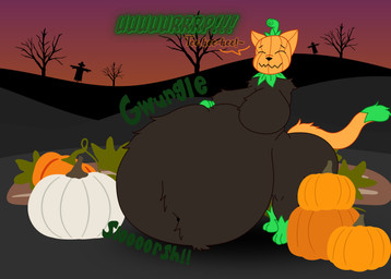 abdominal_bulge ambiguous_gender ambiguous_prey anthro anthro_pred arm_tuft belly belly_overhang belly_tuft big_belly big_butt black_body black_fur breast_tuft breasts burping burping_while_talking butt clothing crossgender dead_tree digestion digestion_noises evening exposed_belly exposed_chest featureless_breasts female female_pred field field_background food for_a_head fruit fur giggle green_body green_clothing green_handwear green_leaves green_legwear green_markings green_tail green_tail_tuft gurgle_(sound_effect) hand_on_belly hand_on_own_belly handwear huge_belly legwear markings multicolored_body multicolored_fur multicolored_tail multiple_prey navel navel_tuft obese obese_anthro obese_female orange_body orange_fur orange_tail orange_tail_tuft overweight overweight_anthro overweight_female plant pumpkin pumpkin_head pumpkin_patch rumbling_stomach same_size_vore scarecrow shoulder_tuft silhouette slorsh slosh sloshing sloshing_belly solo stem stem_on_head sunset tail tail_tuft tree tuft unseen_prey urp vore willing_pred willing_prey mandro22 pumkat animate_inanimate domestic_cat elemental_creature felid feline felis flora_fauna food_creature living_fruit mammal object_head absurd_res hi_res