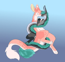 4_toes ambiguous_gender anthro belly_nipples coiling coiling_another coiling_around_body coiling_around_tail coiling_around_torso cuddling digitigrade duo eyes_closed feet fur gradient_background hair hand_on_hand happy long_body long_ears long_tail mane markings nude nuzzling pawpads paws pink_body pink_fur simple_background size_difference smile spots spotted_markings tail tan_body tan_fur teal_body teal_fur teal_hair teal_pawpads toes tuft white_body white_fur xeirla asher_sterling rose_(rosebur) amphimorpho 2026 absurd_res colored digital_drawing_(artwork) digital_media_(artwork) full-length_portrait hi_res portrait signature female_(lore) nonbinary_(lore)