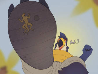 anthro blue_body clothed clothing confusion crush dialogue duo extreme_size_difference feet flip_flops foot_crush footwear low-angle_view male micro oblivious outside sandals shirt shoes size_difference stepped_on stomping stuck_to_foot talons text toes topwear underfoot worm's-eye_view yellow_body yellow_clothing yellow_shirt yellow_topwear iggythelizzy avian bird lizard reptile scalie toucan english_text hi_res