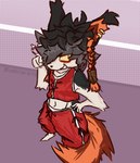 anthro black_hair clothing crop_top fluffy fluffy_ears fluffy_tail fur hair male midriff midriff_showing multicolored_body orange_tail oversized_clothing pigtails red_clothing shirt simple_background solo tail topwear white_body white_fur bluebriararts arknights hypergryph studio_montagne aak_(arknights) felid feline mammal