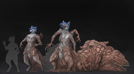 andromorph anthro assimilation big_tail blue_eyes blue_hair body_horror flesh fur genitals gore grey_body grey_fur hair huge_tail intersex multi_arm multi_limb nude simple_background solo tail tail_mouth unusual_anatomy unusual_tail vulva creepy_gun dead_space electronic_arts visceral_games dexy_noland canid canine canis deer hybrid mammal monster necromorph undead wolf absurd_res hi_res model_sheet