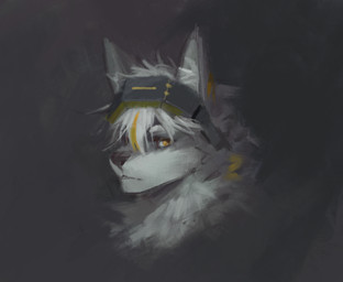 anthro black_nose blonde_hair fur grey_body grey_fur hair male messy_hair multicolored_hair simple_background solo three-quarter_view two_tone_hair unsigned white_body white_fur white_hair yellow_eyes awaldkize canid mammal headshot_portrait hi_res portrait
