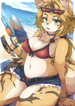 anthro arm_tuft beach belt bikini bikini_top blonde_hair bottomwear bracelet breasts clothing denim denim_bottomwear denim_clothing denim_shorts eyebrows eyelashes eyewear eyewear_on_head female fur green_eyes hair inner_ear_fluff jewelry kemono navel ponytail red_bikini red_clothing red_swimwear shorts shoulder_tuft sitting solo sunglasses sunglasses_on_head swimwear toy toy_gun tuft two-piece_swimsuit water_gun white_body white_fur yellow_body yellow_fur kuramono mihoyo zenless_zone_zero pulchra_fellini felid feline felis mammal thiren 2025 hi_res