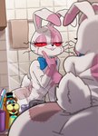 anthro bathroom bow_tie breasts brush buckteeth butt clothing costume female fursuit glistening_eyelids lidded_eyes looking_at_viewer mirror nipple_outline nipples pink_body red_sclera reflection smile solo stitch_(sewing) teeth toothbrush whiskers white_body centinel303 five_nights_at_freddy's five_nights_at_freddy's:_security_breach scottgames steel_wool_studios vanny_(fnaf) lagomorph leporid mammal rabbit 2022 digital_media_(artwork)