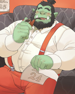 beard belly blush bottomwear clothing eyes_closed facial_hair green_body holidays humanoid_hands male musclegut muscular overweight overweight_male pants shirt sitting smoking solo suspenders topwear hoggan christmas humanoid orc 2021 absurd_res hi_res