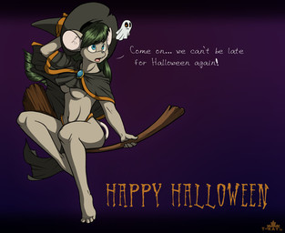 anthro breasts broom broom_riding cleaning_tool dialogue female holiday_message holidays solo text under_boob t-kay halloween katie_tinson ghost mammal mouse murid murine rodent spirit 2025 english_text