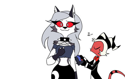 anthro clothing collar duo eyelashes female fingerless_gloves freckled_face freckles fur gloves grey_body grey_fur grey_hair gun hair handwear heart_symbol horn long_eyelashes long_tail looking_at_viewer male musical_note musical_symbol ranged_weapon red_sclera simple_background smile spiked_collar spikes symbol tail tuft weapon white_body white_eyes white_fur emositecc hellaverse helluva_boss mythology loona_(helluva_boss) moxxie_(helluva_boss) canid canid_demon canine demon demon_humanoid hellhound humanoid imp mammal mythological_canine mythological_creature colored hi_res