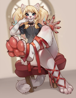 anthro blonde_hair blue_eyes blush clothed clothing feet female fluffy foot_focus grey_body hair long_hair looking_at_viewer pawpads paws pink_nose pink_pawpads smile smiling_at_viewer solo tail toes rizapiska patrician_(rogbiejoke) domestic_cat felid feline felis mammal digital_media_(artwork) hi_res male_(lore)