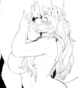 5_fingers anthro balls big_breasts blush bodily_fluids breasts crotch_tuft cum cum_in_mouth cum_inside deep_throat duo faceless_character faceless_male fellatio female female_focus female_penetrated fingers forced forced_oral fur genital_fluids genitals hair hand_on_head long_hair male male/female male_penetrating male_penetrating_female master oral oral_penetration penetration penile penis rough_sex sex solo_focus surprised sweat tuft cervina7 canid canine mammal absurd_res hi_res monochrome