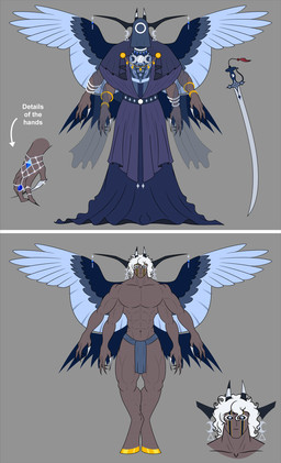 4_arms abs biceps clothing deltoids dress eyelashes gem gold_(metal) grey_hair hair hooves horn jewelry long_eyelashes male melee_weapon moon multi_arm multi_limb muscular muscular_male pearl_(gem) pecs quads ring robe sabre_(weapon) shawl shirt silver_(metal) topwear trapezius tunic v-cut weapon wings rub_lug daeva humanoid monster absurd_res hi_res