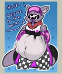 abdominal_bulge anthro anthro_pred belly big_belly clothed clothing fur grey_body grey_fur hands_on_belly male male_pred navel open_mouth ski_goggles soft_vore standing tail text tongue vore arkailart indigo_park rambley_raccoon mammal procyonid raccoon absurd_res english_text hi_res