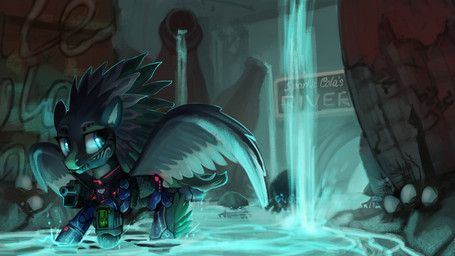 alternate_universe armor black_body black_feathers black_fur black_wings blue_eyes clothed clothed_feral clothing feather_hair feather_mane feathered_wings feathers female feral fur group gun pip-boy pseudo_hair pseudo_mane ranged_weapon river solo_focus text vault_suit weapon white_body white_feathers wings jedayskayvoker fallout fallout_equestria friendship_is_magic hasbro microsoft my_little_pony mythology alpine_apotheon fan_character equid equine horse mammal mirelurk_(fallout) mythological_creature mythological_equine pegasus pony 16:9 2018 crossover english_text hi_res widescreen